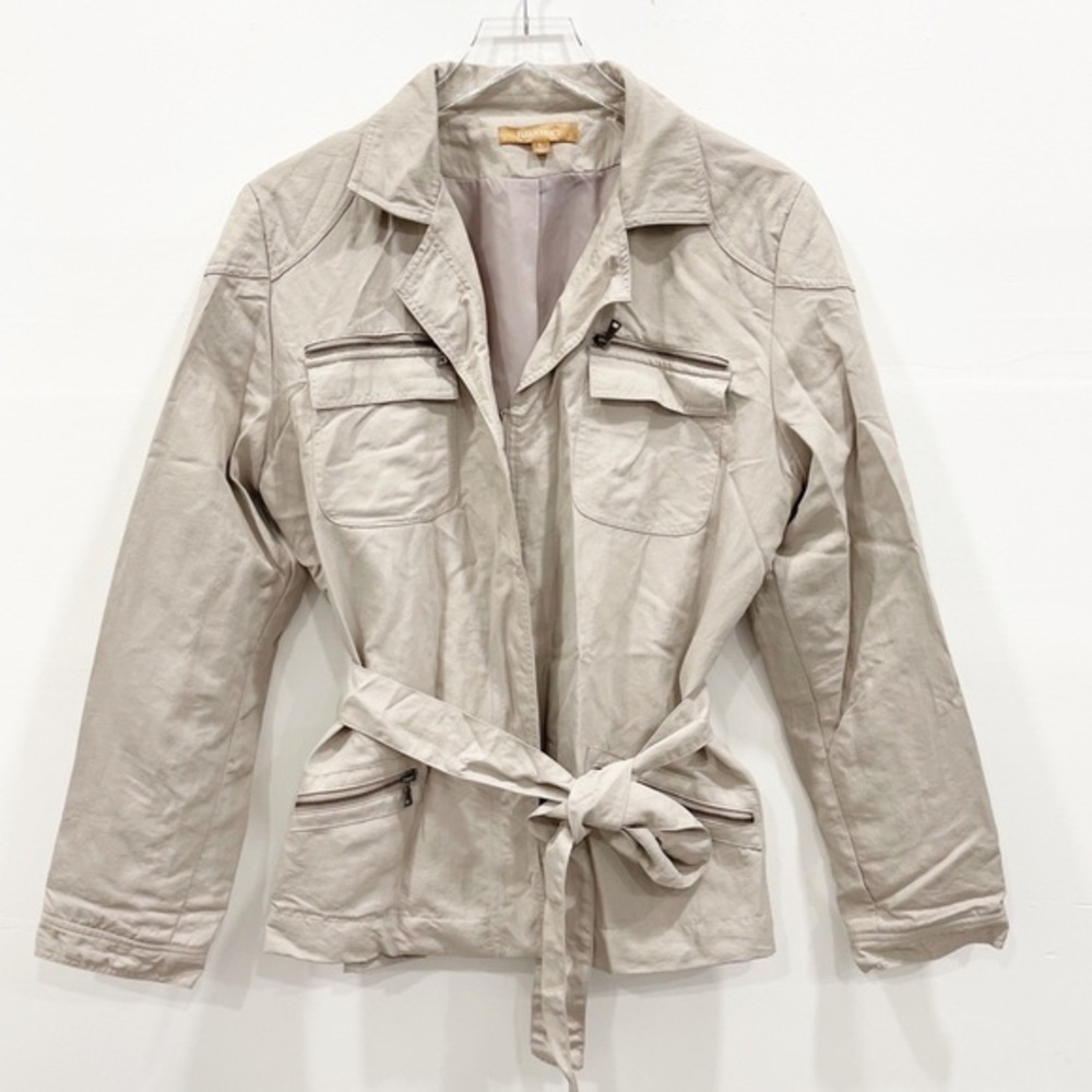 Ellen Tracy Safari Utility Belted Zip Front Jacket Lightweight Zip Pocket Large